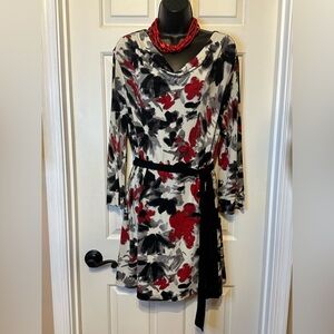 D48 Floral Print Women's Mini Dress with Belt & cow neck & 3 1/4 sleeves.